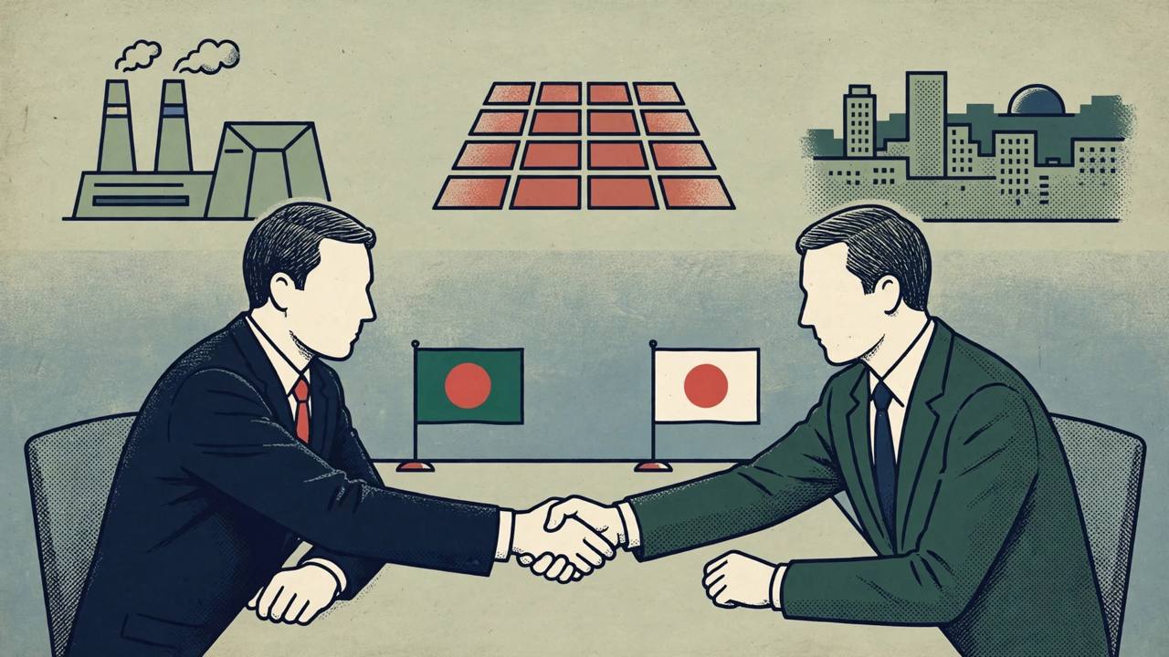 Editorial illustration of generic officials shaking hands at a meeting table with generic Bangladesh and Japan flags, a power plant and solar panels behind them