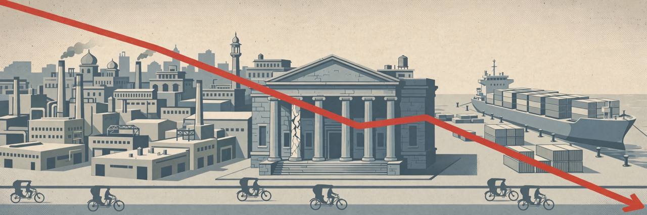 Editorial illustration of a generic South Asian port city with garment factories and a cracked bank column