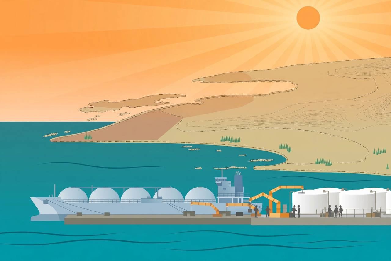 Editorial illustration of an LNG carrier ship docked at a gas terminal in South Asia at dawn, with storage tanks, loading arms and workers on the pier