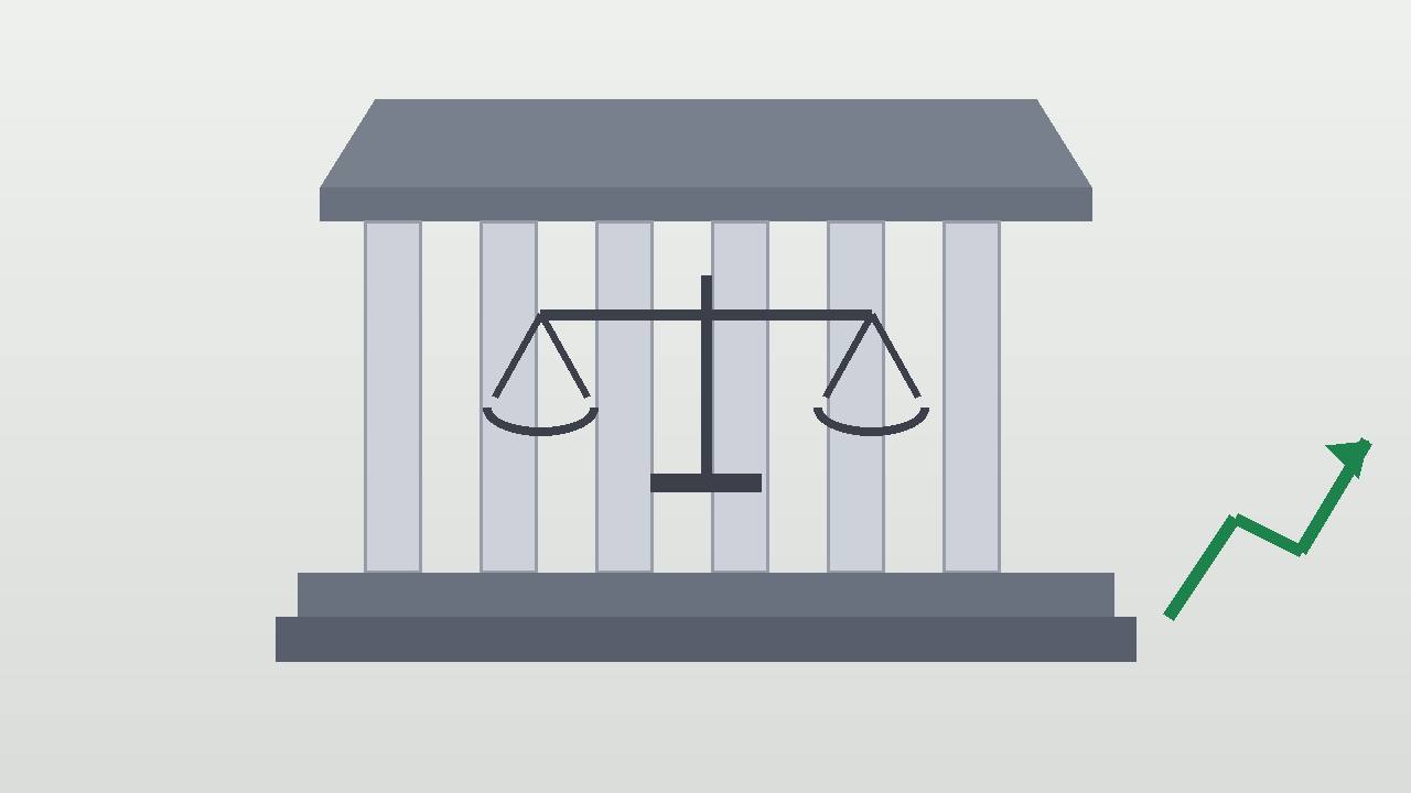 Editorial illustration of generic courthouse columns and scales of justice with a rising green arrow — no real place or person depicted