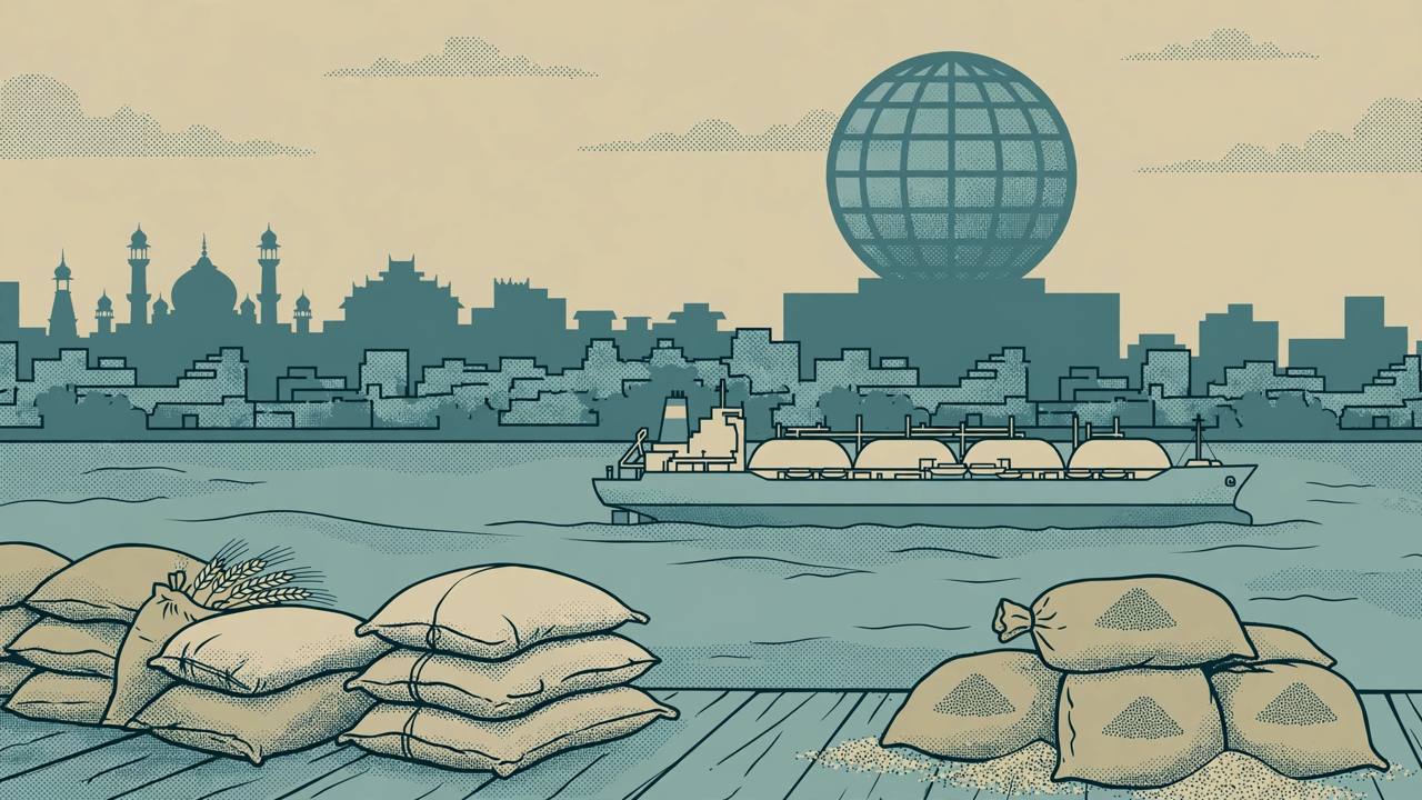 Editorial illustration of a generic South Asian river city with an LNG tanker, grain and fertiliser sacks and a globe-shaped bank building, flat style, no text, no real person depicted