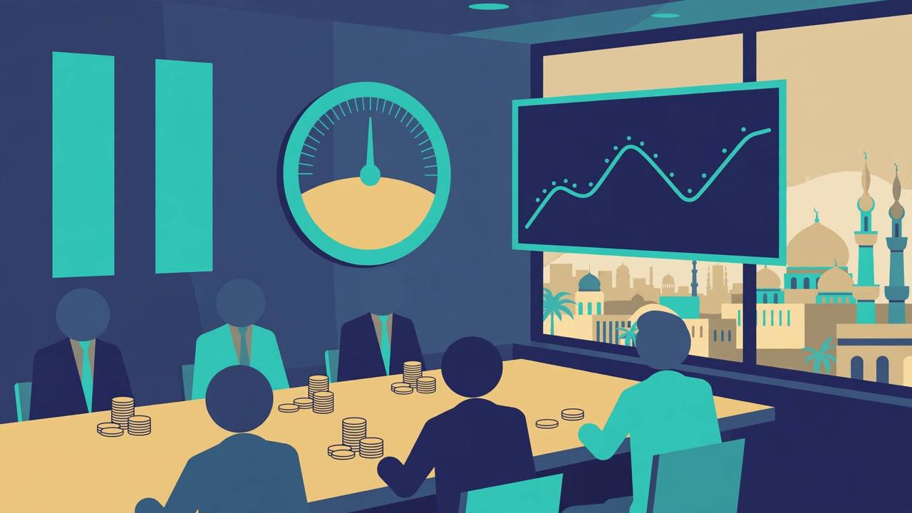 Editorial illustration of a central bank meeting with a steady rate dial