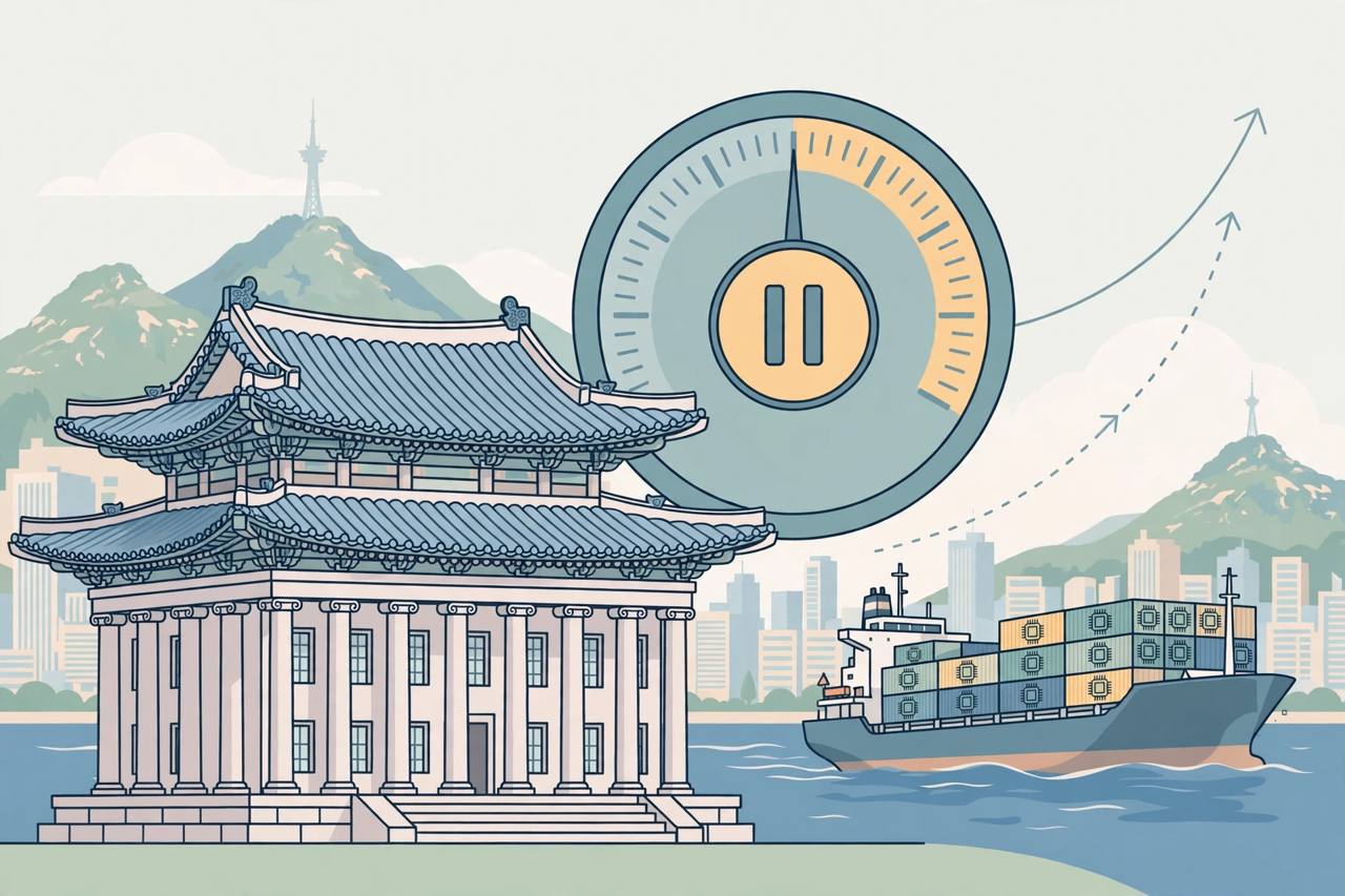 Editorial illustration of a central bank building with a paused dial and an export cargo ship with semiconductor chip containers, flat style, no text, no real person depicted