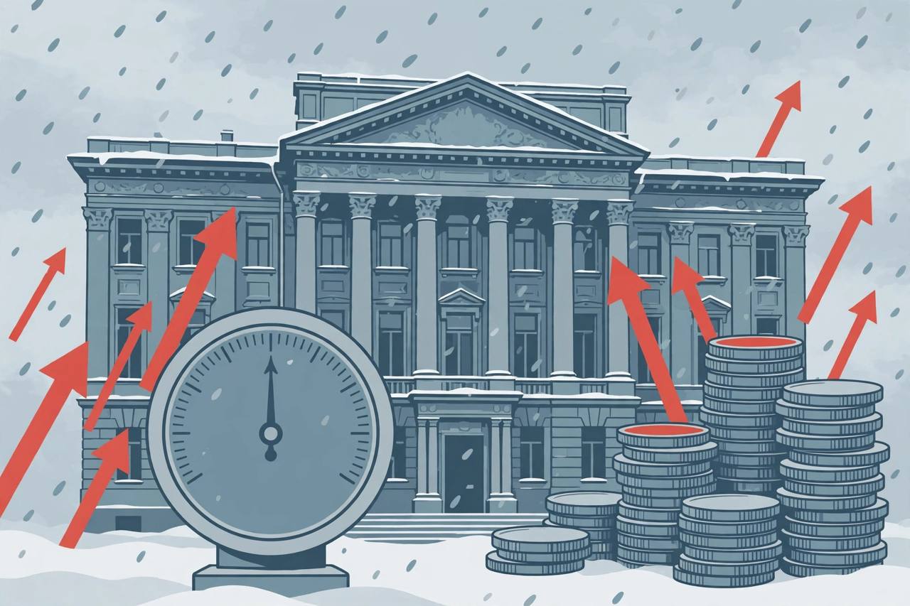 Editorial illustration of a central bank building in winter with a steady interest-rate gauge, ruble coins and red inflation arrows — flat style, no real person depicted