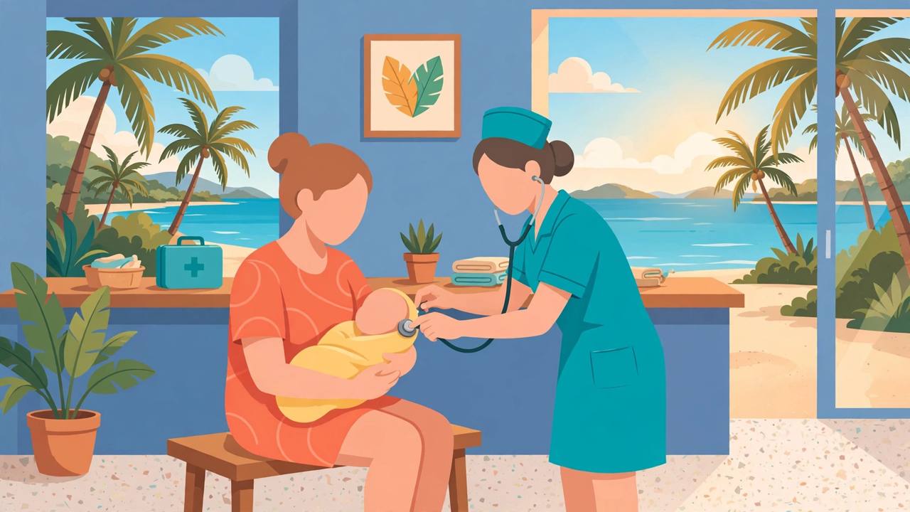 Editorial illustration of a mother and baby receiving a health check at a bright Caribbean clinic with palm trees and the sea behind