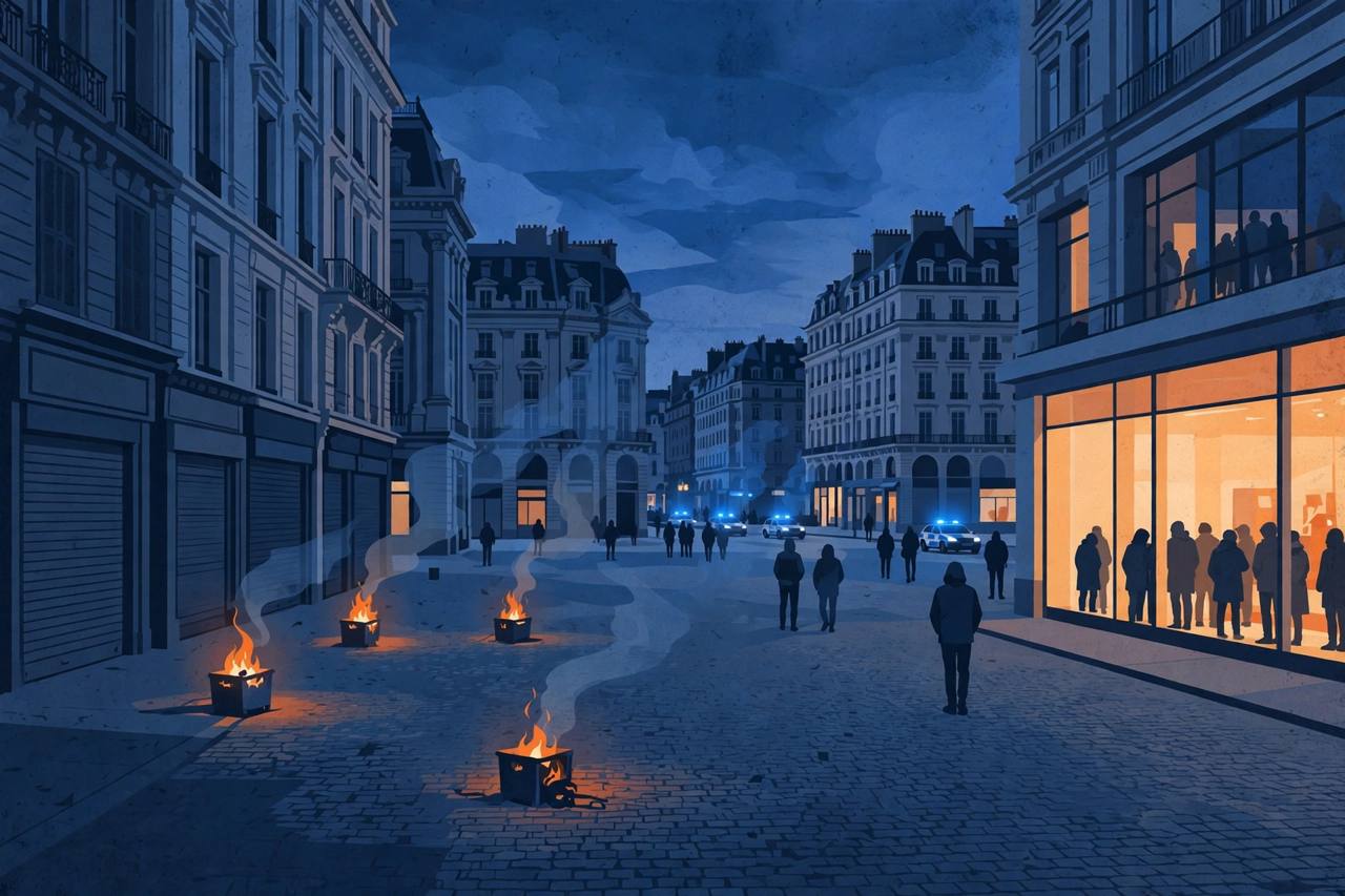 Editorial illustration of a central Barcelona plaza at dusk with shuttered storefronts, small street fires and generic hooded figures in the distance