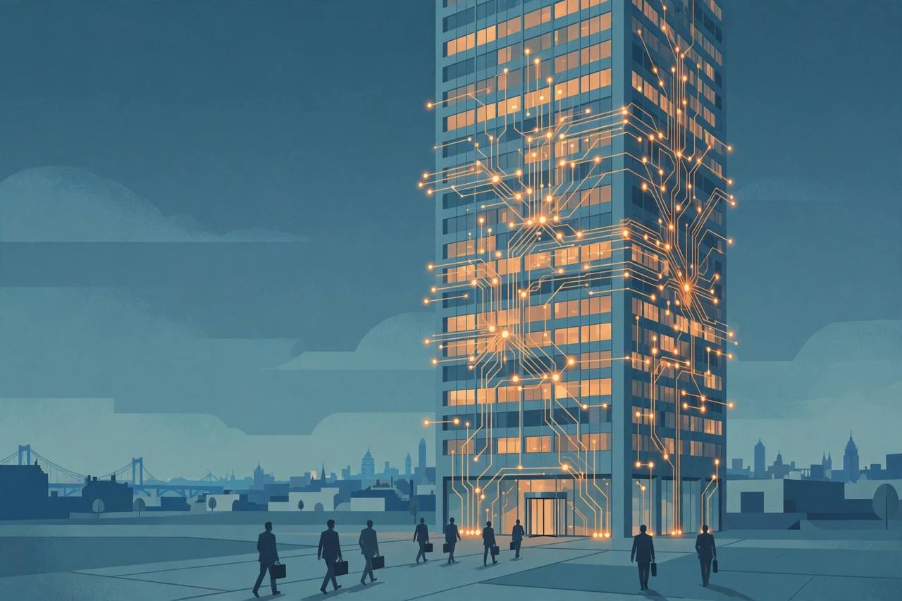 Editorial illustration of a bank tower with AI circuit lines and generic office workers walking away