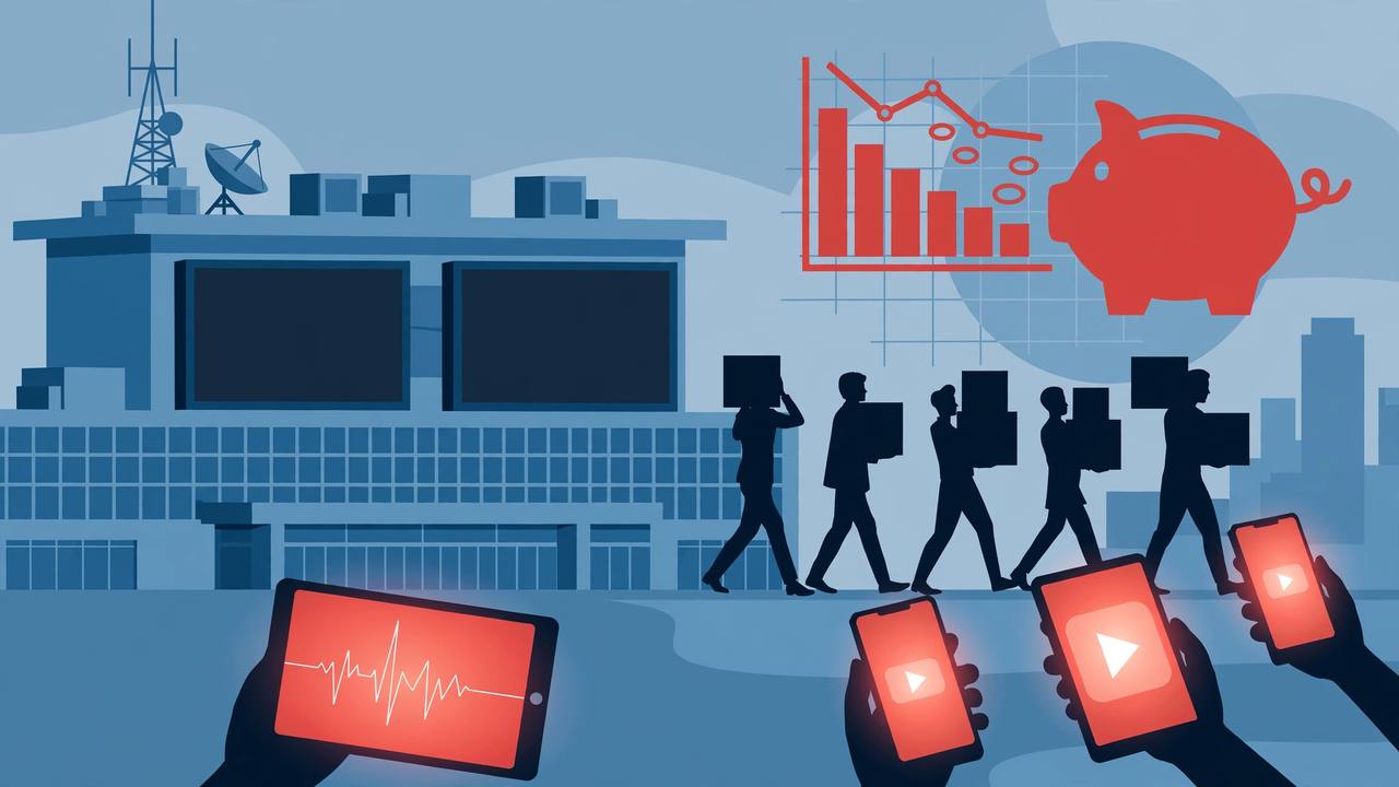 Editorial illustration: a public broadcasting headquarters with two television screens going dark and moving to streaming screens on phones and tablets, generic staff silhouettes carrying boxes, no real person's likeness
