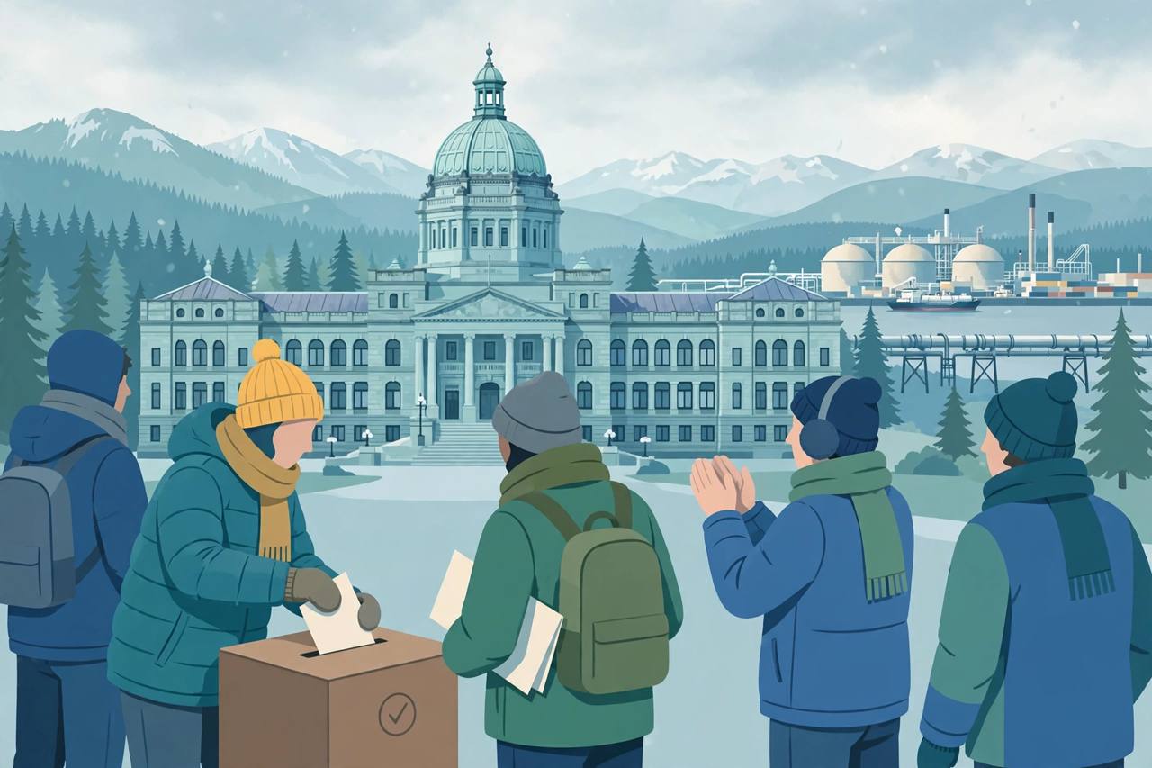 Editorial illustration of generic voters casting ballots in front of a generic domed provincial legislature building in British Columbia, with mountains and a natural gas facility in the background — flat style, no real person depicted