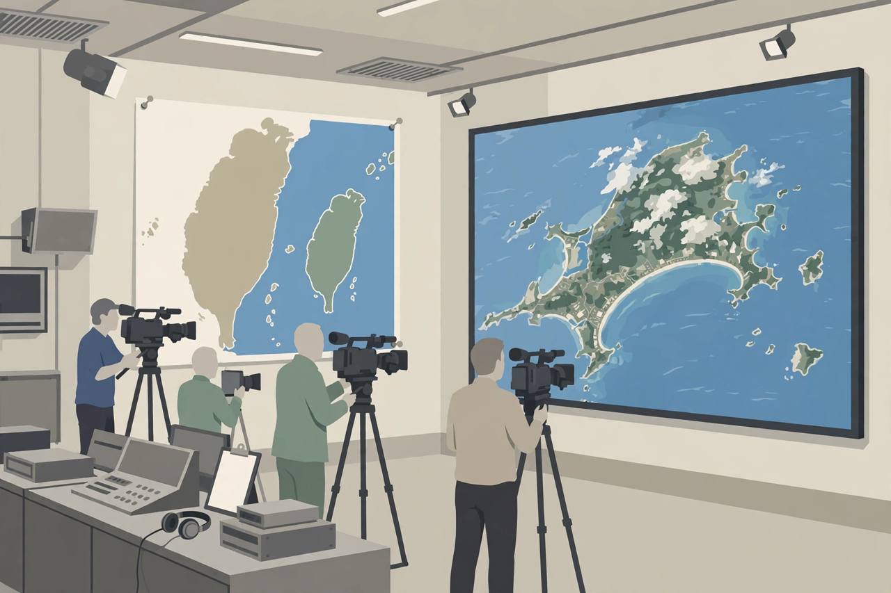 Editorial illustration of a broadcast studio showing a satellite view of an island coastline on a large screen with media cameras