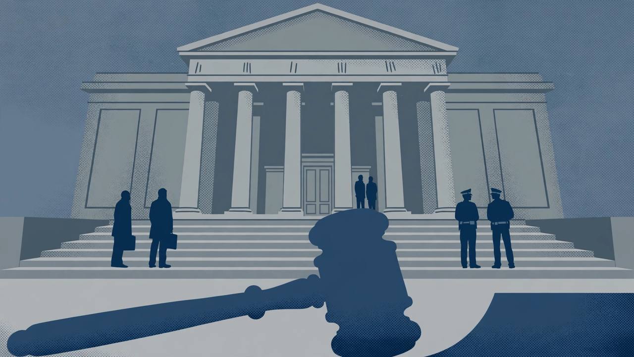 Figures outside a European courthouse in an editorial illustration of the Antwerp smuggling trial