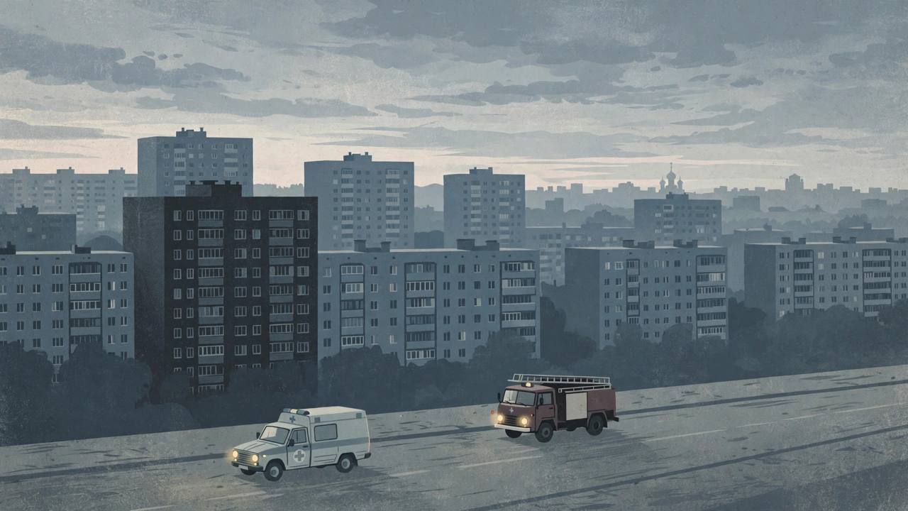 Editorial illustration of a generic Russian border city at dawn with apartment blocks, an ambulance and a fire vehicle on a quiet street, flat style, no real person depicted