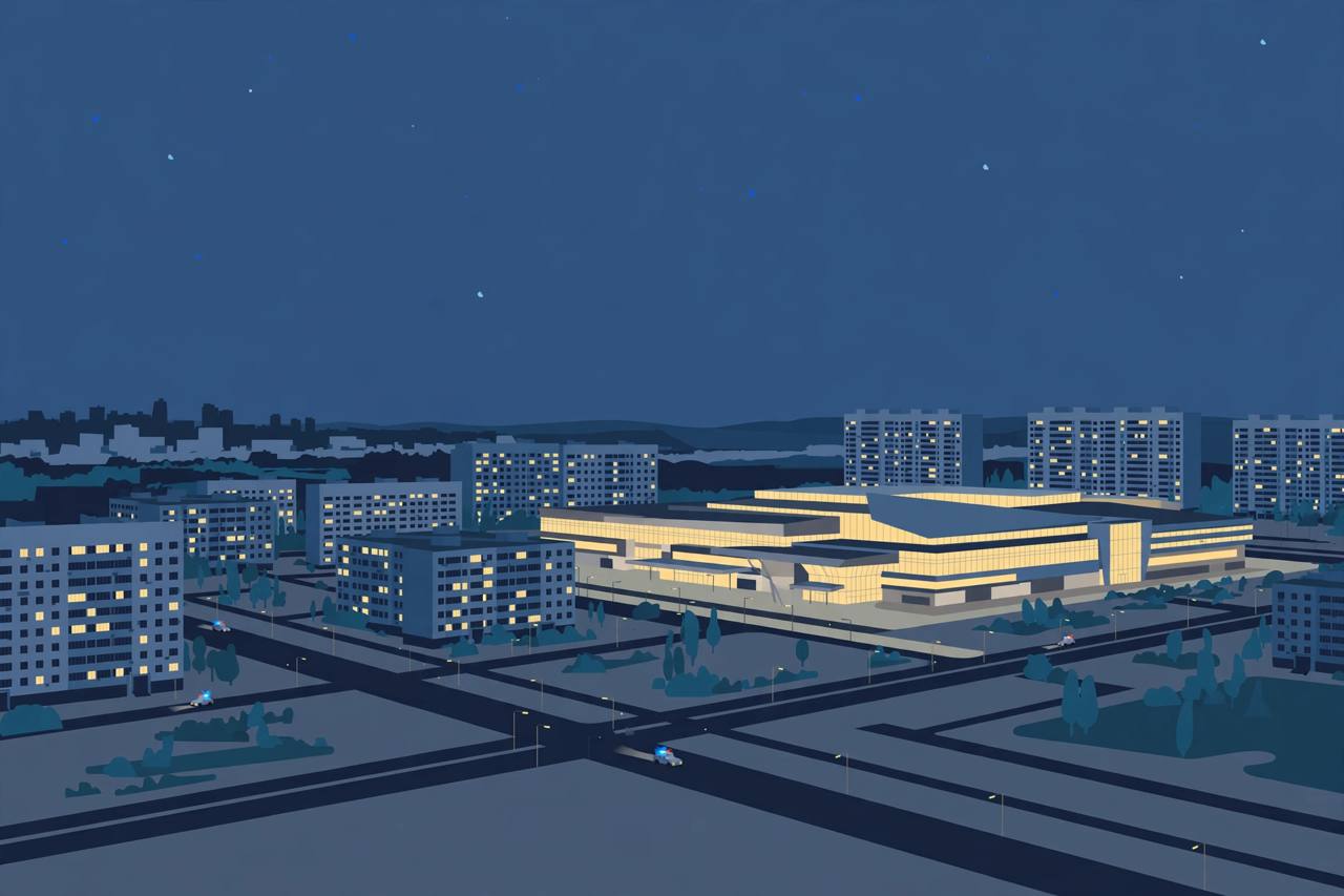 Editorial illustration of a Russian border city centre at night, with a large generic shopping complex and apartment buildings in the distance — the attack itself is not depicted