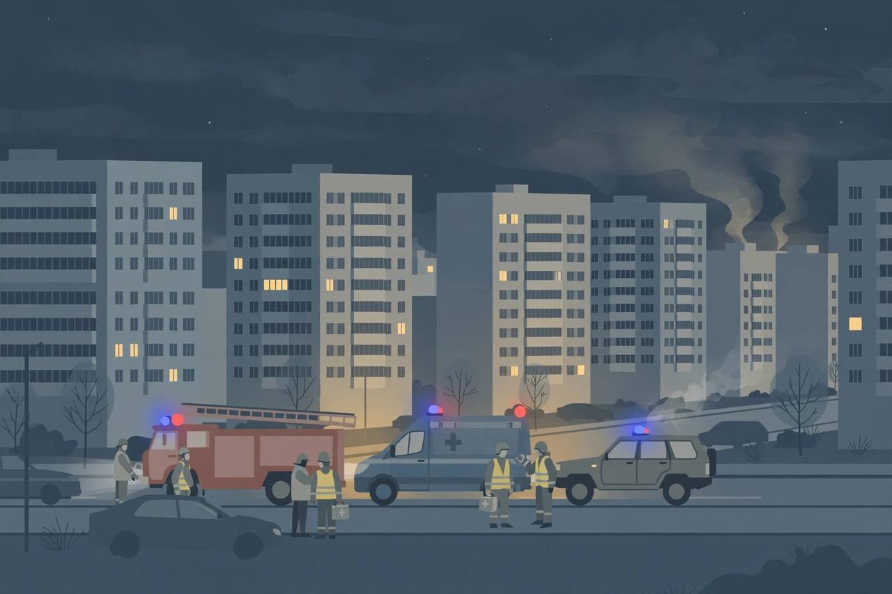 Editorial illustration of a generic Russian border city residential district at night with emergency vehicles and rescue workers in the street