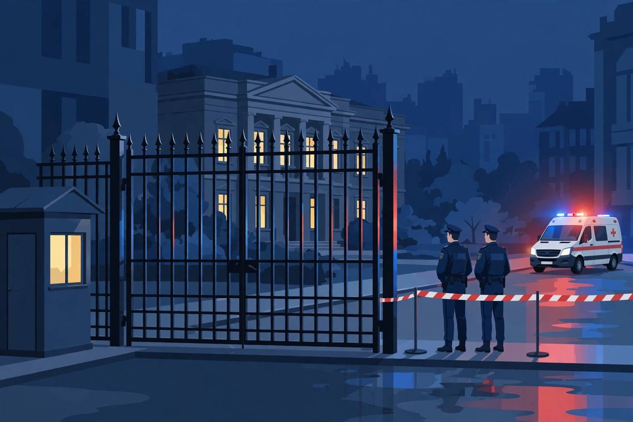 Editorial illustration: a guarded embassy gate at night in Belgrade with police officers, a cordon and an ambulance — no real people depicted