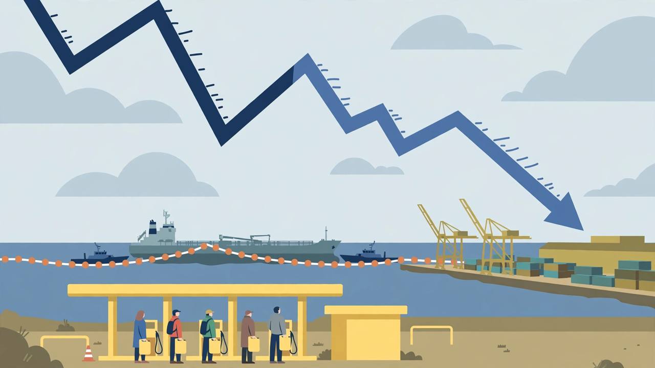 Editorial illustration of an oil tanker held behind a blockade barrier, generic figures queueing with fuel cans, and a falling currency graph