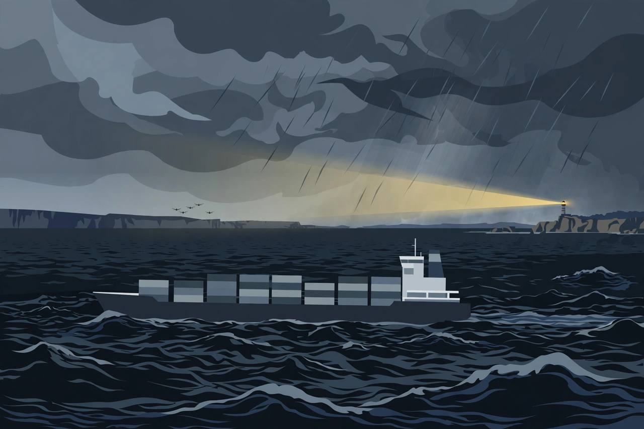 Editorial illustration of a generic cargo ship in dark choppy Black Sea waters under a stormy sky, with distant drone silhouettes on the horizon — flat style, no real ship or person depicted