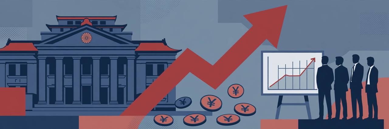 Editorial illustration: a central bank building with a rising interest-rate arrow and yen coins, generic businesspeople watching a rate chart climb, no real person's likeness