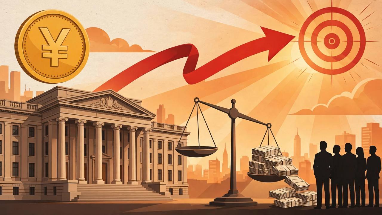 Editorial illustration of a central bank building, a large yen coin, a rising red arrow reaching a target, a balance scale with banknote bundles and generic silhouetted figures