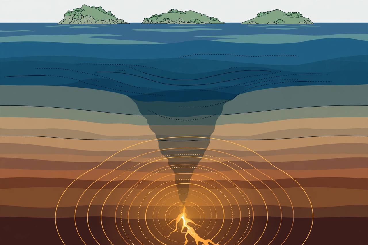 Editorial illustration of Japan's Bonin Islands on a calm Pacific surface with a seismic rupture glowing almost 500 km below, deep in the earth