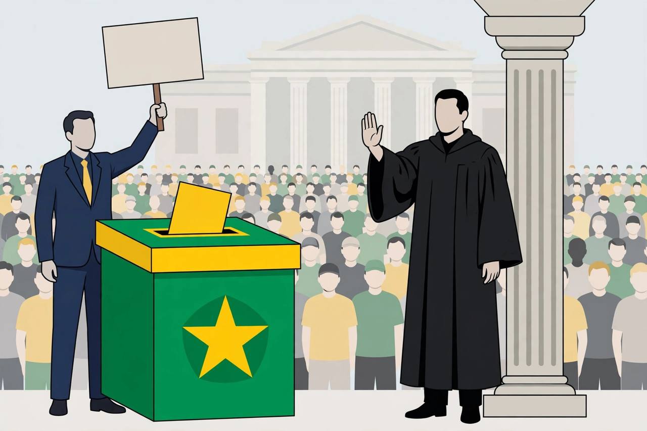 Editorial illustration of a generic politician beside a ballot box in Brazil's green and yellow colours holding a blank placard, with a generic judge figure raising a stop hand beside a courthouse pillar - flat style, no real person shown