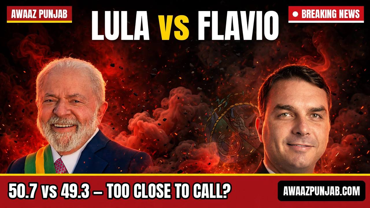 Branded Awaaz Punjab thumbnail with real-photo cut-outs of President Luiz Inacio Lula da Silva (left) and Senator Flavio Bolsonaro (right) and the valid-vote figures 50.7 vs 49.3
