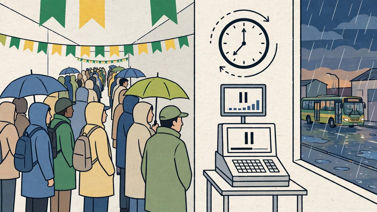 Editorial illustration of generic voters queuing at a Brazilian polling station at dusk, a results screen frozen mid-count and a clock being pushed two hours later — flat style, no real person depicted