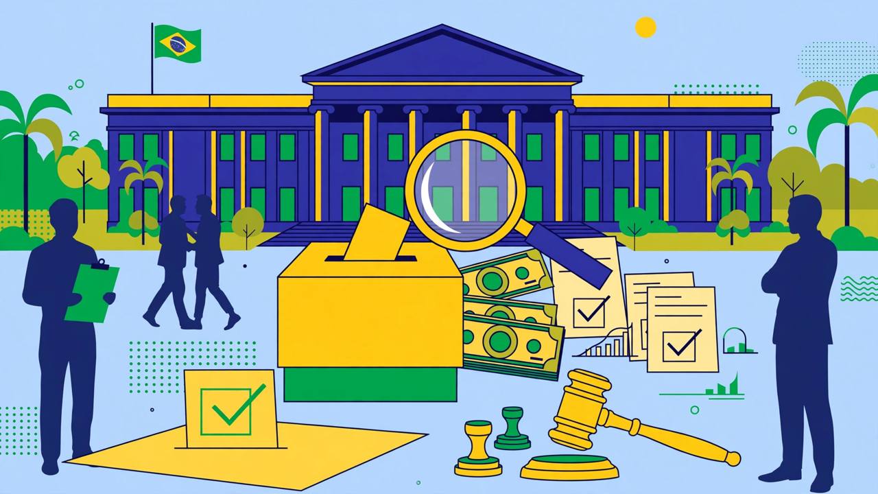Editorial illustration of a Brazilian courthouse, a ballot box and campaign documents under a magnifying glass