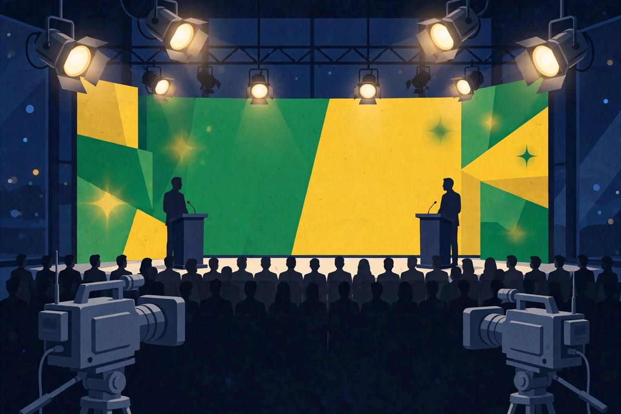 Editorial illustration of two generic candidates at podiums in a TV debate studio with cameras and lights, ahead of Brazil's presidential runoff