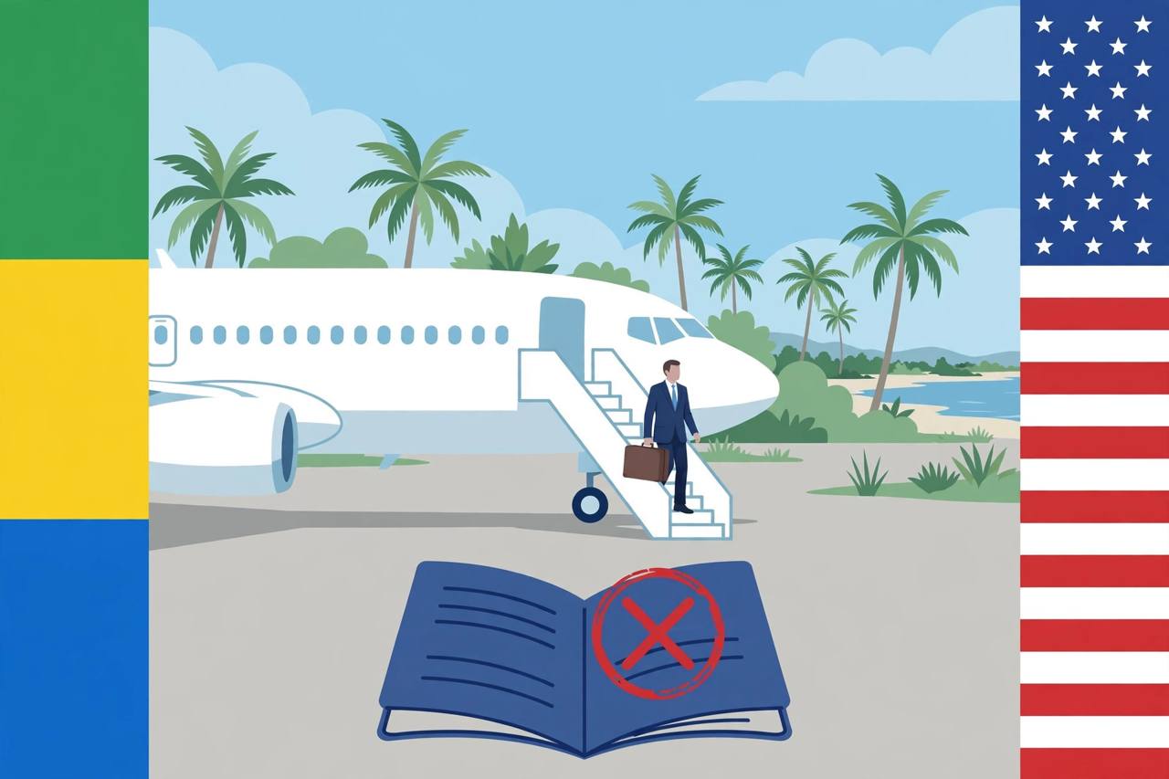 Editorial illustration of a generic traveller stepping off a plane in Florida with palm trees, a cancelled passport in the foreground, Brazil flag colours on one side and US flag colours on the other