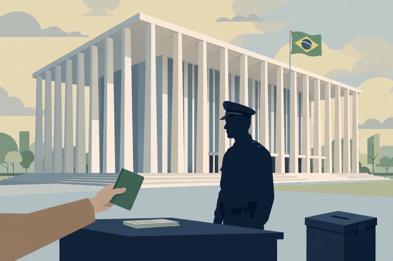 Editorial illustration of a generic courthouse with a Brazilian flag and a passport being handed to a police officer, symbolising the court order for Flávio Bolsonaro to surrender his passports