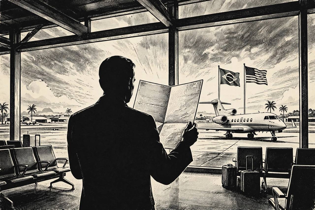 Editorial illustration of a generic politician seen from behind at a Miami airport gate holding a large open letter, with a private jet and Brazilian and US flags in the distance