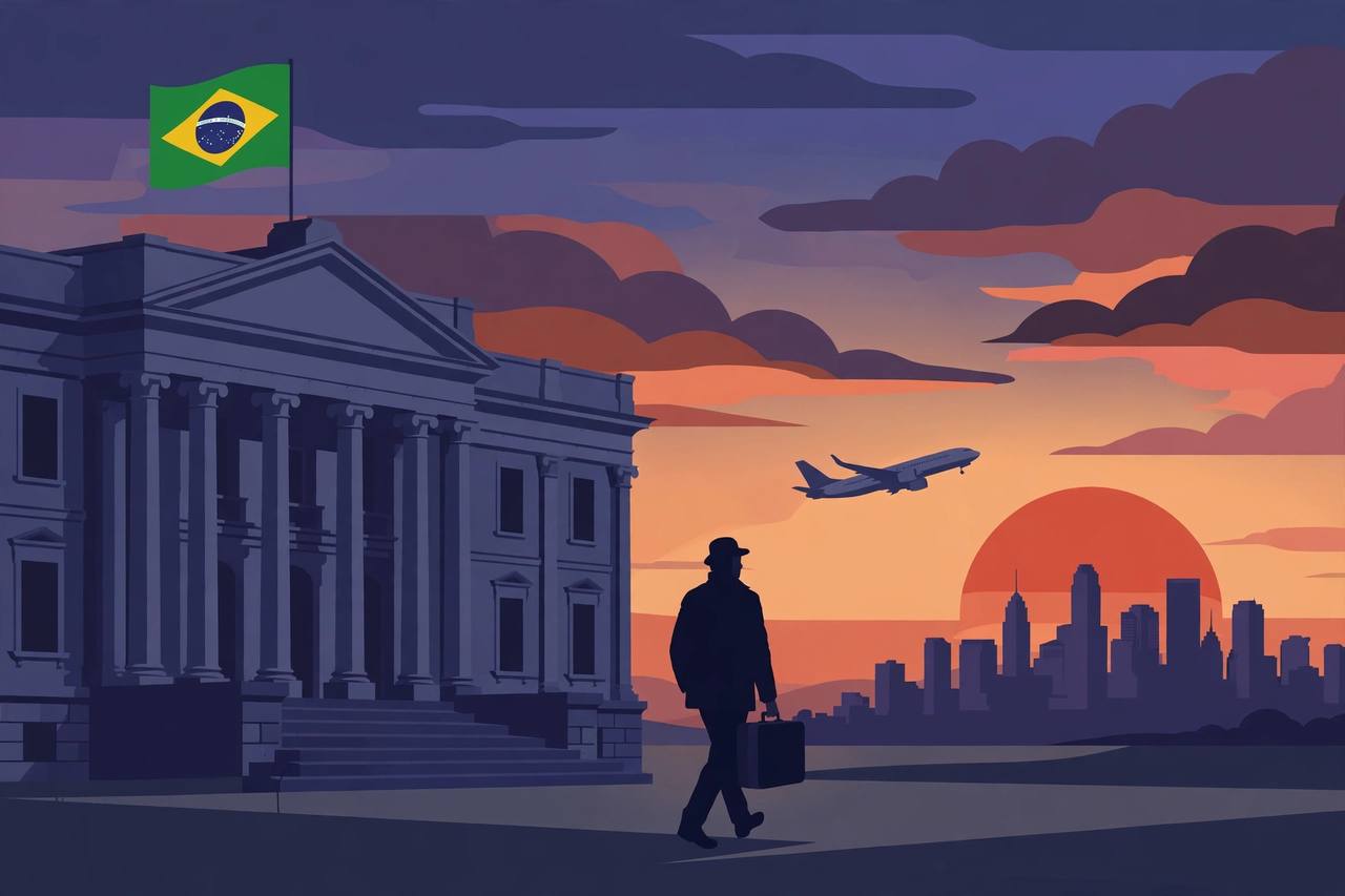 A generic traveller leaves a Brazilian government building for a flight to North America (editorial illustration)