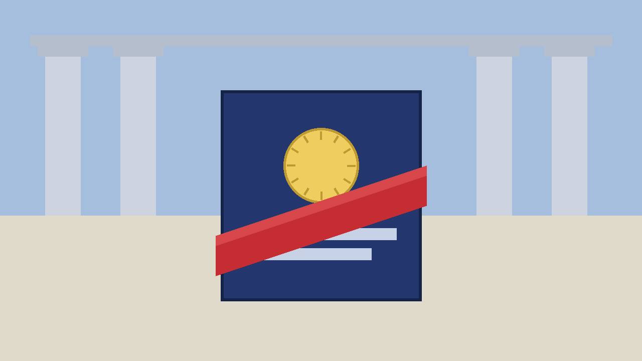 A passport booklet under a red void band in front of a courthouse (editorial illustration)