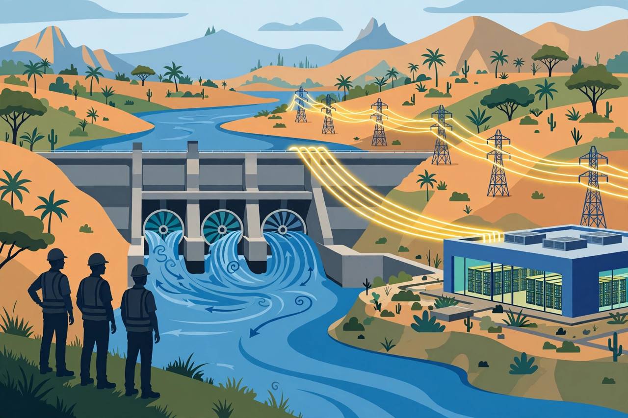 Editorial illustration of the Itaipu hydroelectric dam supplying power to an AI data centre