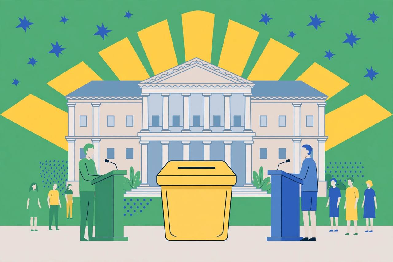 Editorial illustration of a generic Brazilian electoral court building with a ballot box, no real person's likeness