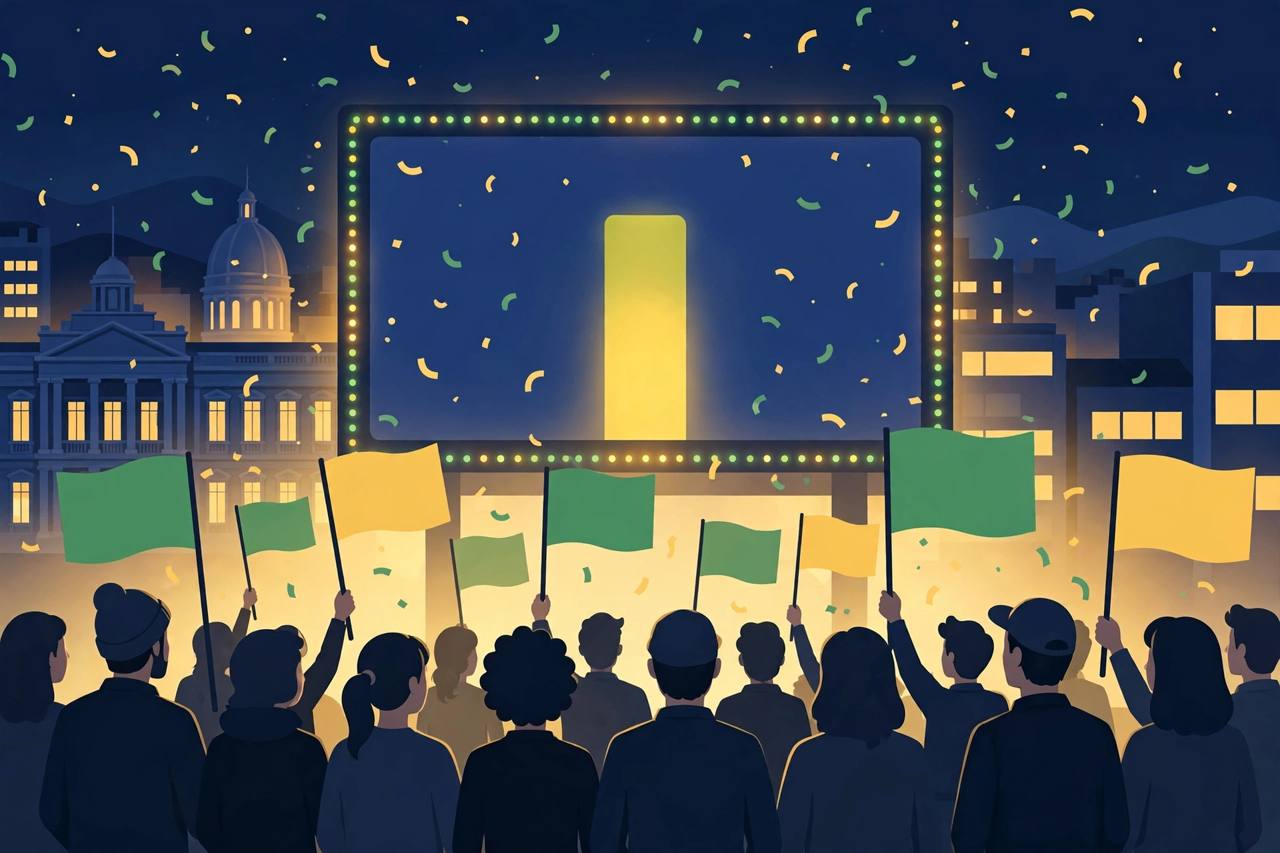 Editorial illustration of a generic election-night celebration: a results board with one bar just past halfway, confetti and generic voters from behind waving plain green-and-yellow flags with no words or symbols - flat style, no real person shown