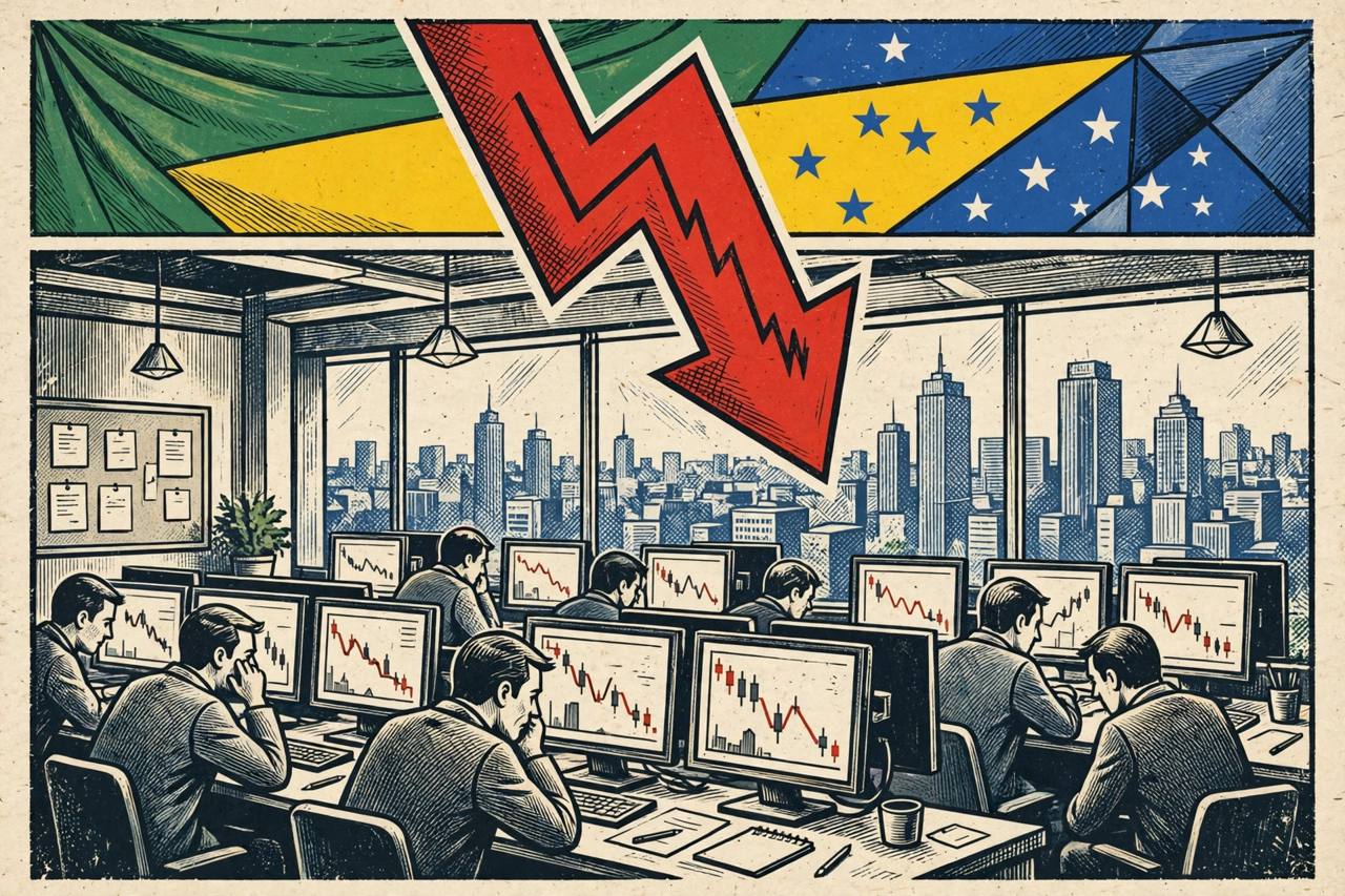 Editorial illustration of a stock exchange floor in Brazil with a large falling chart arrow, worried traders and the Sao Paulo skyline