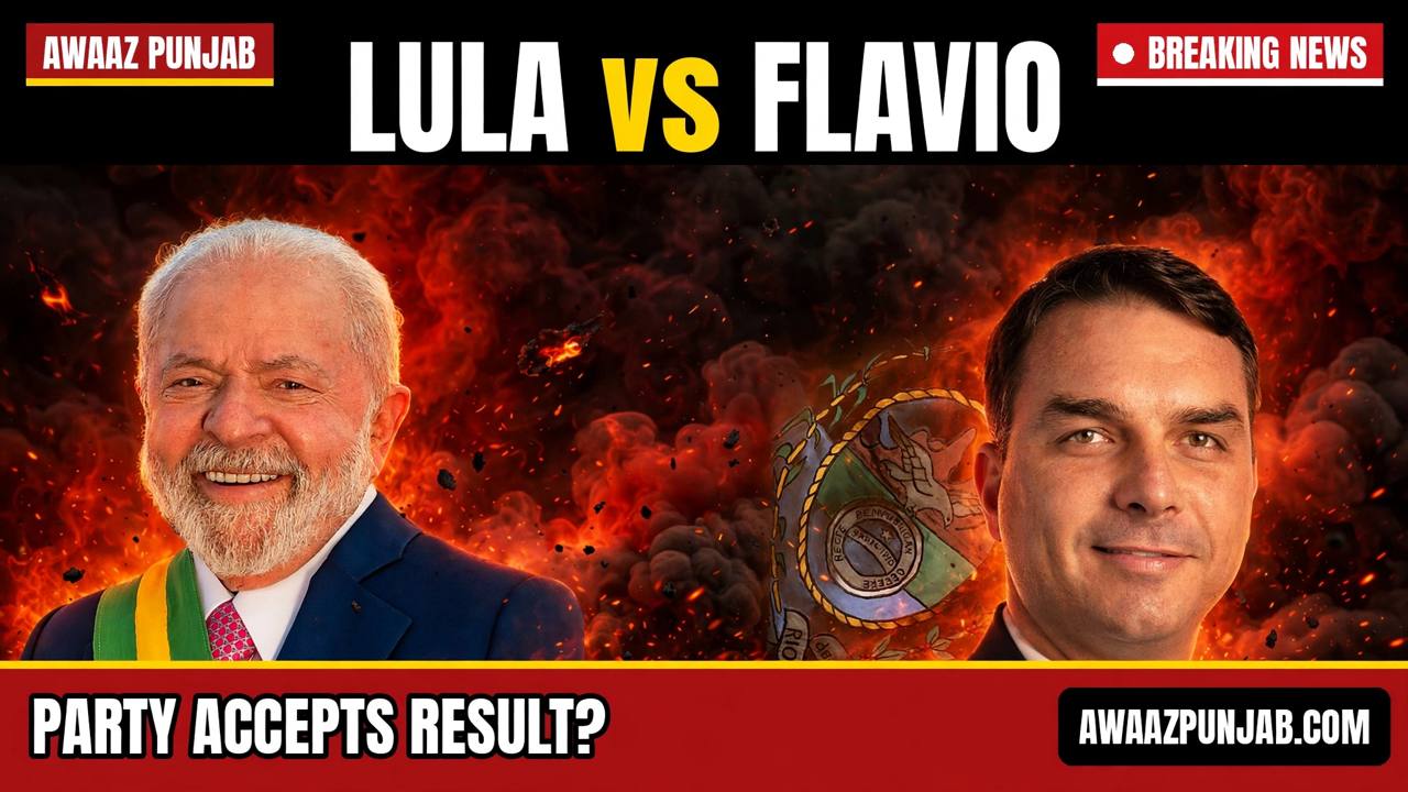 Awaaz Punjab branded thumbnail with real-photo cut-outs of Brazilian President Luiz Inacio Lula da Silva and Senator Flavio Bolsonaro