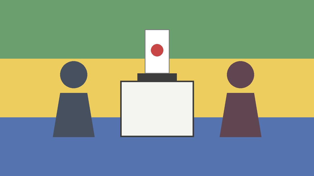 Editorial illustration of a generic ballot box with a ballot paper and two generic silhouetted figures — no real person, place or incident depicted