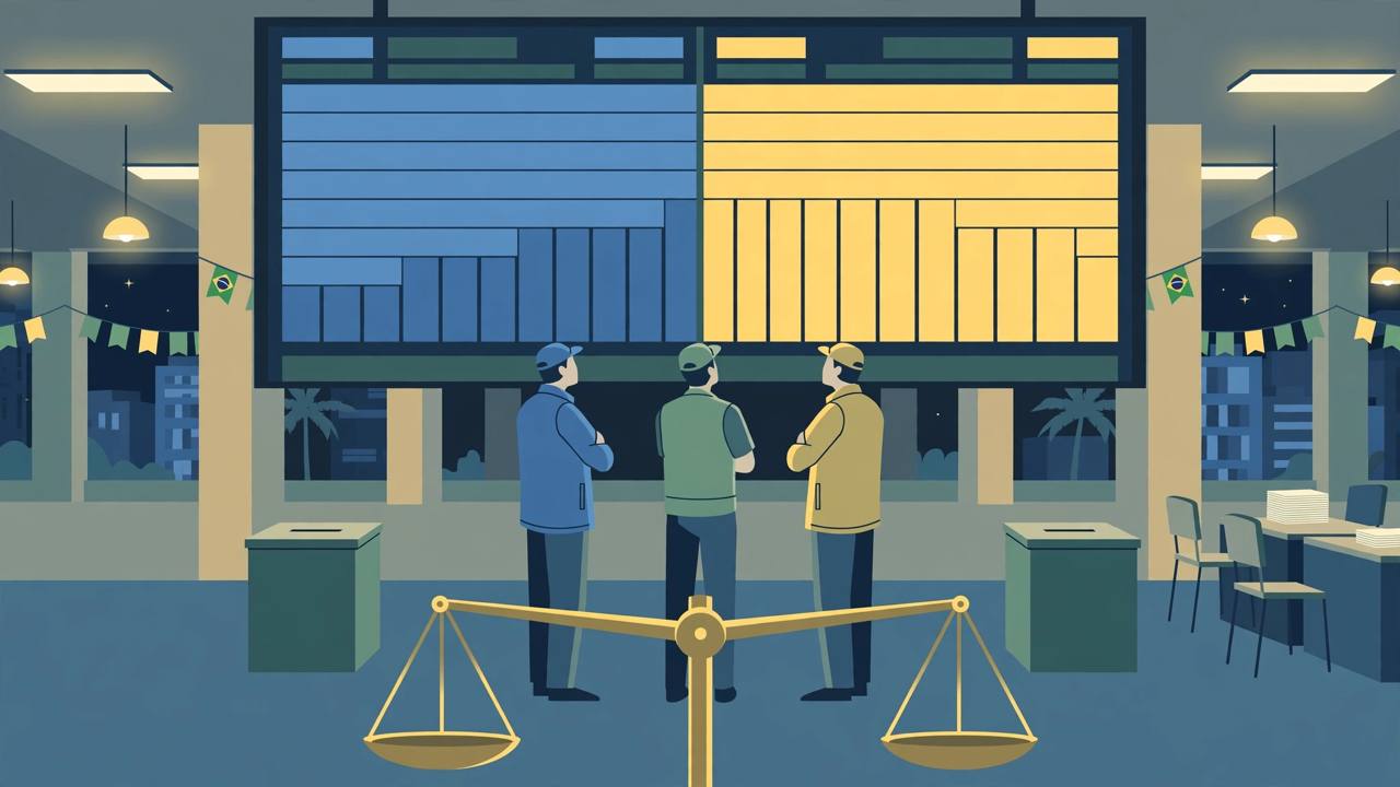 Editorial illustration of a giant generic electronic vote-count board split exactly in half, two plain ballot boxes and generic election officials watching tensely in a counting hall at night, with a perfectly level balance scale - flat style, no real person shown