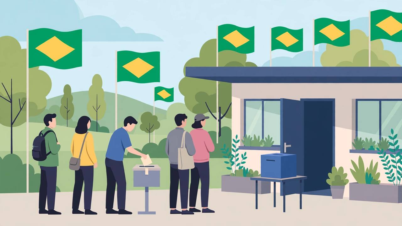 Editorial illustration of generic voters queuing at a polling station and placing ballots in a ballot box, with green and yellow flags in the background — flat style, no real person depicted