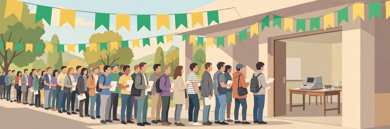 Editorial illustration of generic voters queueing outside a polling station in Brazil on election morning
