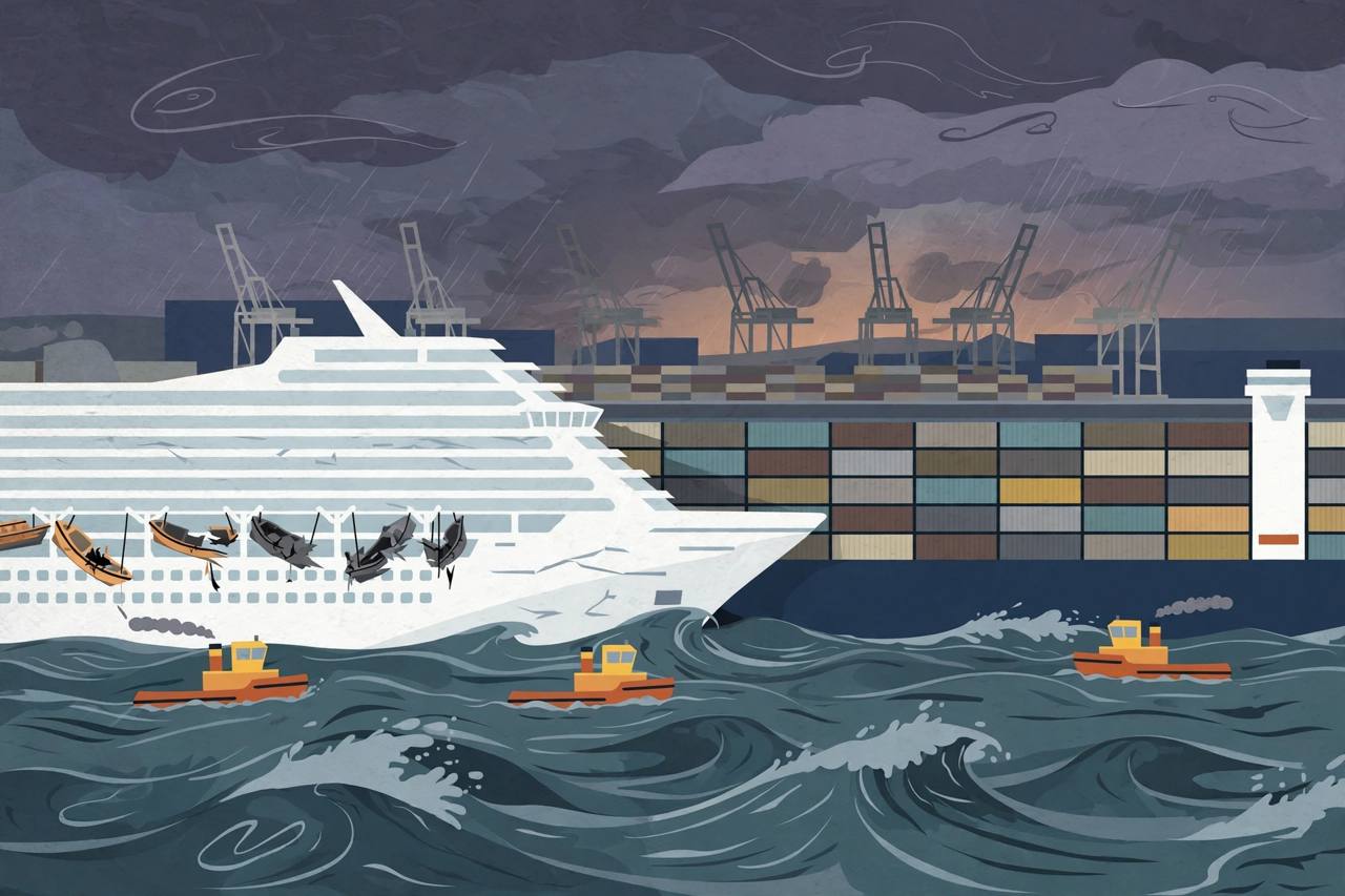 Editorial illustration of a cruise ship and a container ship touching at a stormy port at dusk, with tugboats and cranes nearby