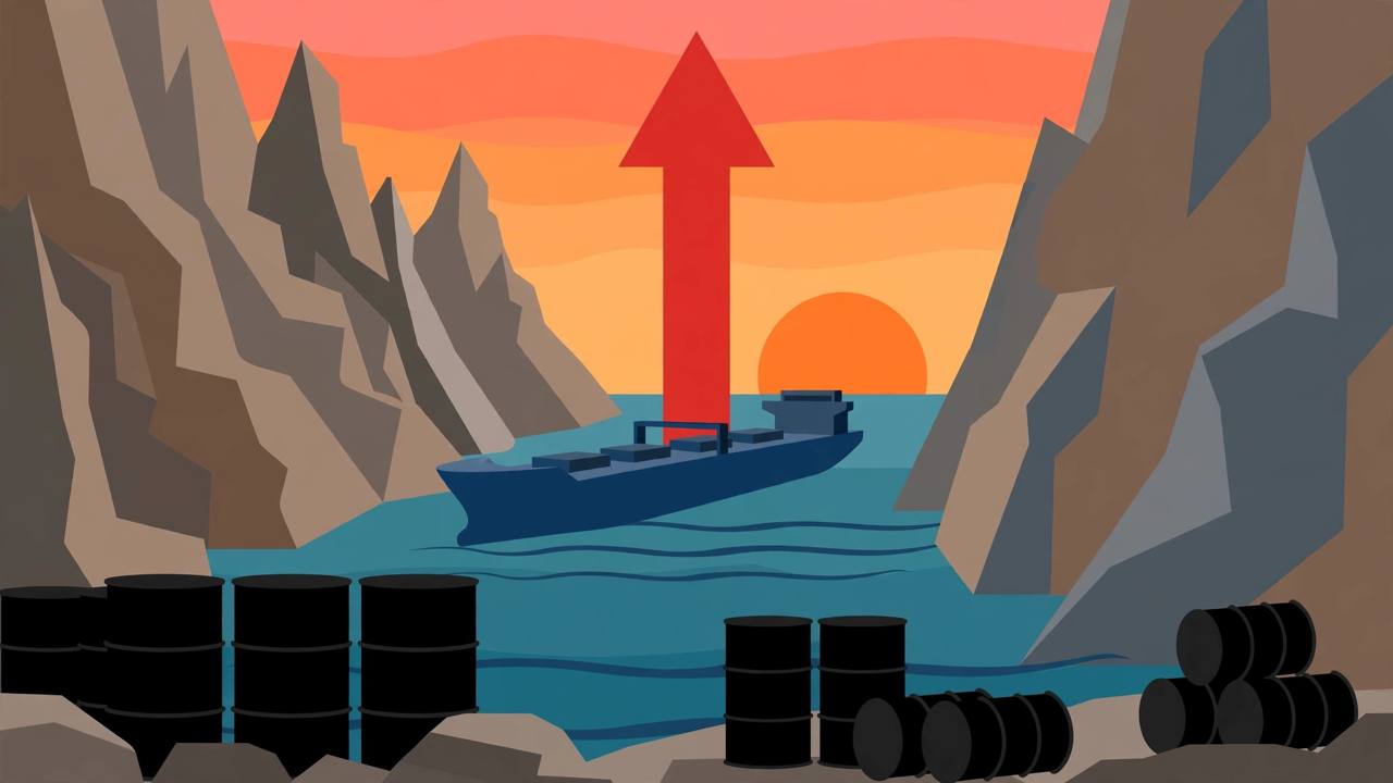 Editorial illustration of an oil tanker in a narrow strait with barrels and a rising red arrow — flat style, no real person depicted