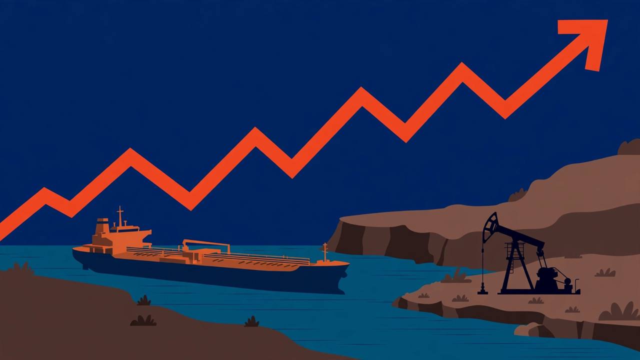 Editorial illustration of an oil tanker sailing through a narrow strait beneath a rising orange price arrow, with an oil pumpjack on the shore, flat editorial style, no text, no people