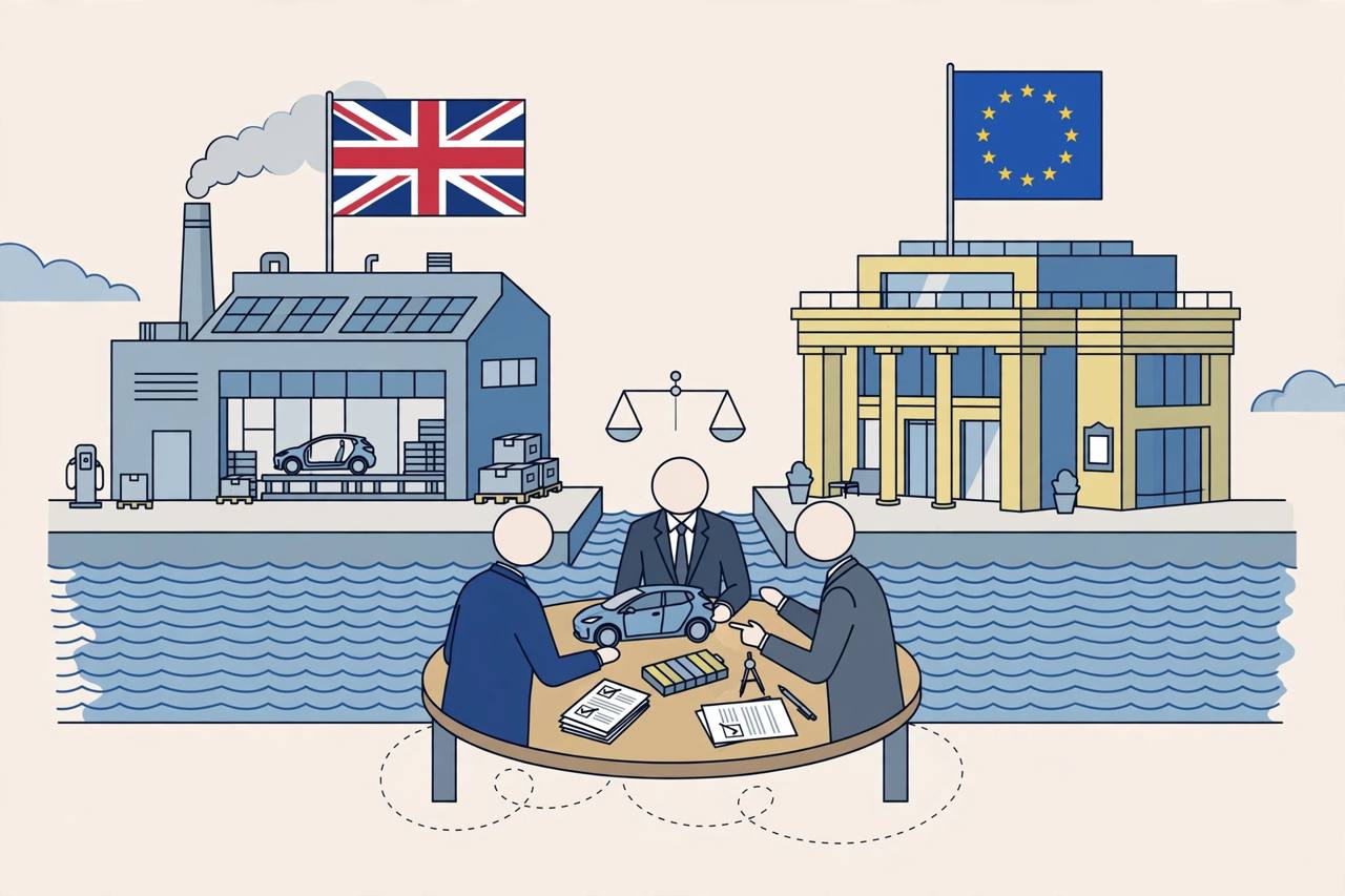 Editorial illustration of generic officials discussing an electric car between a British factory and a European building, symbolising Made in Europe talks