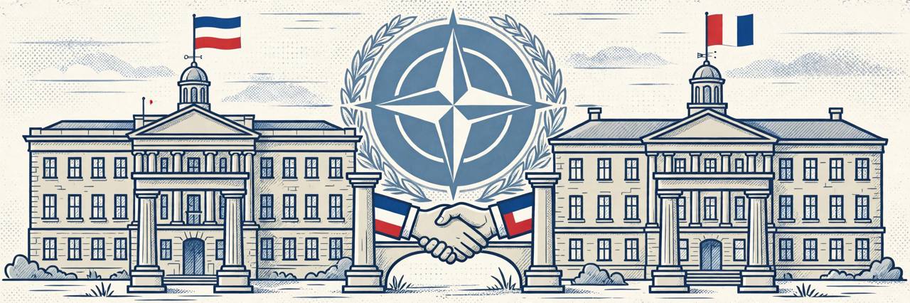 (Editorial illustration) Two generic government buildings representing Britain and Canada, each with its own defence-funding institution, linked by a cooperation bridge — no real person is shown. Britain will not join Canada's DSRB, Reuters reported on Sunday, citing a source familiar with the matter.