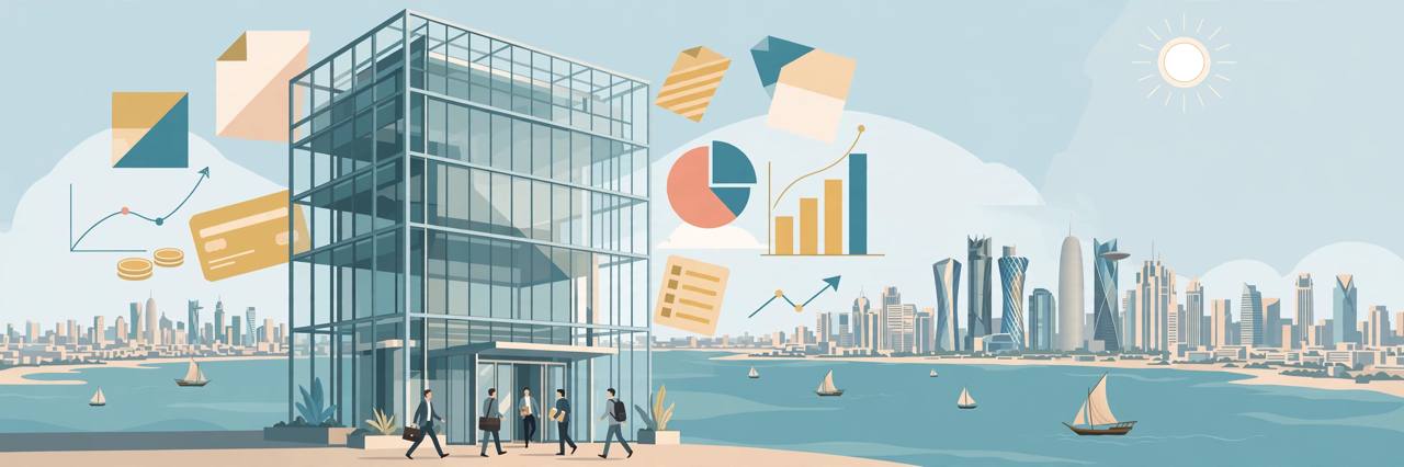 Editorial illustration of a modern office tower opening in Doha with business people and skyline