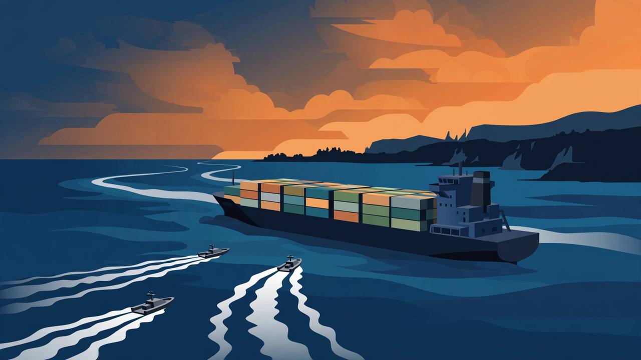 Editorial illustration of a container ship at sea approached by three small uncrewed surface drone boats, with a coastline silhouette at dusk